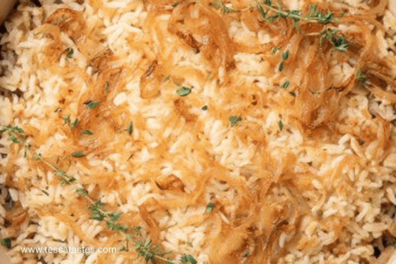 French Onion Rice Pilaf: Savory, cheesy, aromatic perfection.