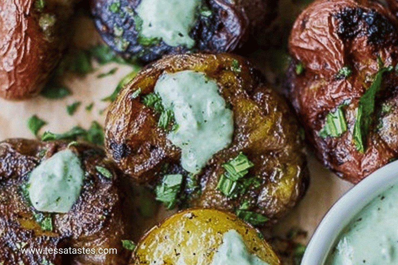 Smashed Baby Potatoes with Jalapeño Garlic Aioli: Creamy, spicy, crispy perfection.