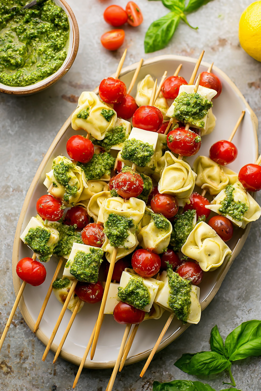 Tortellini Skewers with Lemon Spinach Pesto