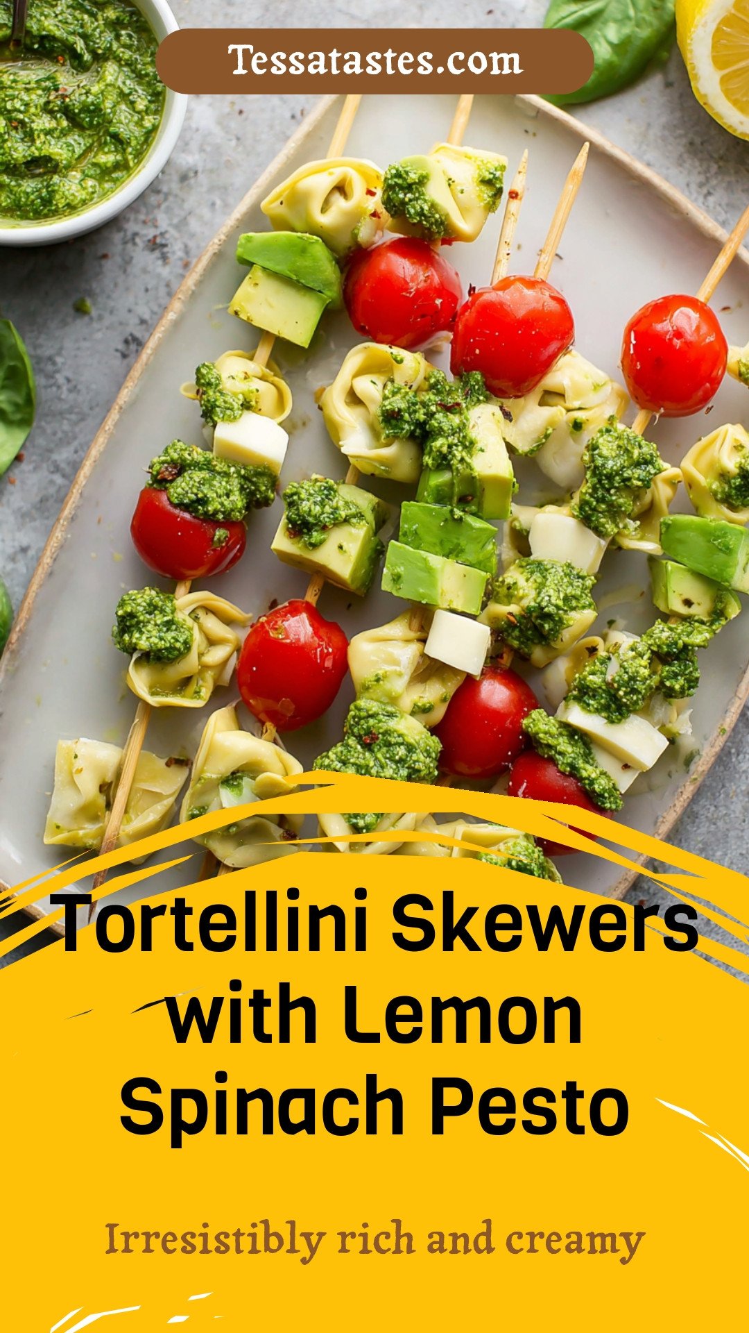 Tortellini Skewers with Lemon Spinach Pesto