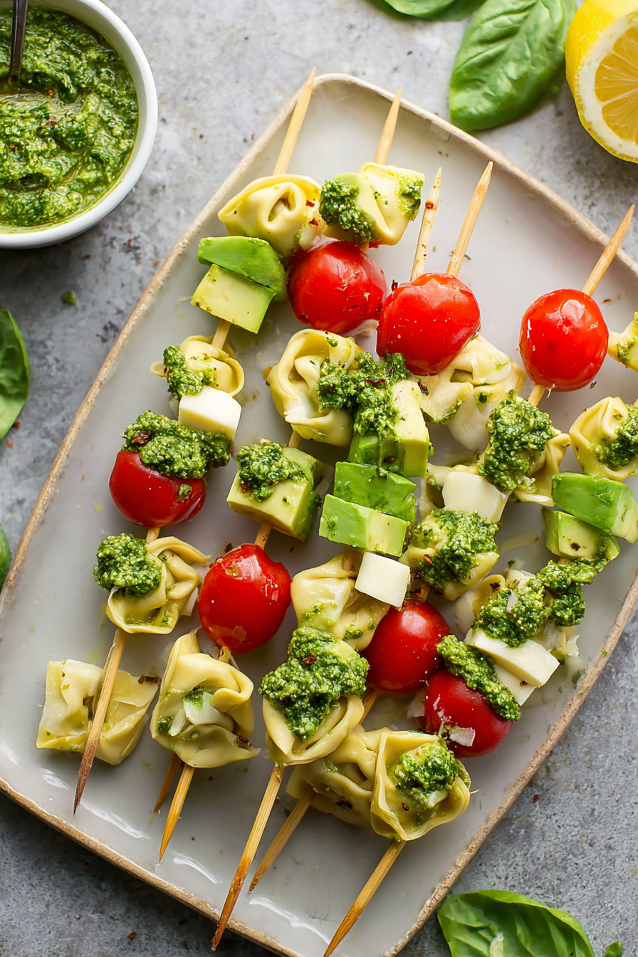 Tortellini Skewers with Lemon Spinach Pesto