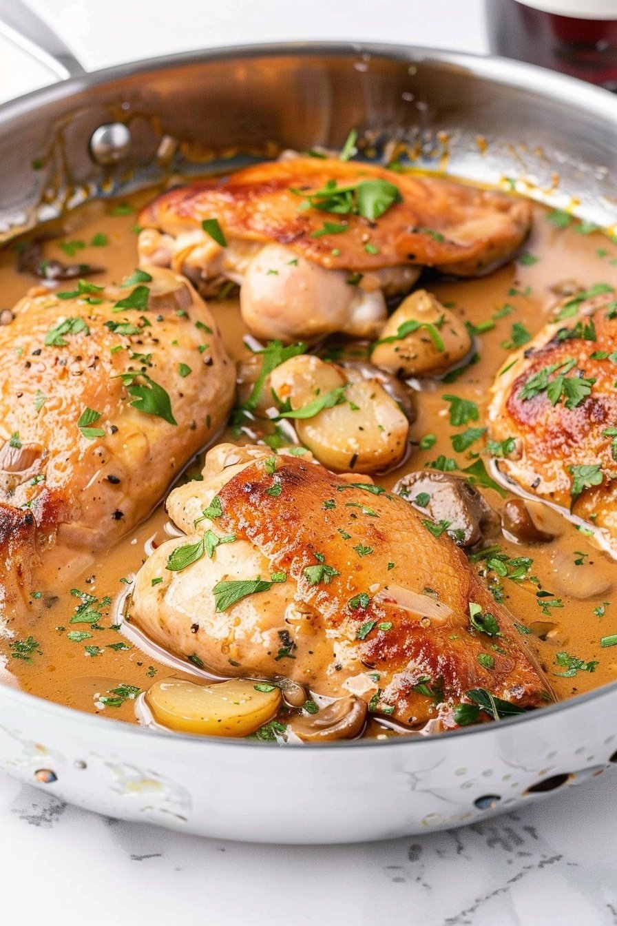 Wine-Simmered Poultry Cutlets: Succulent wine-infused cutlets