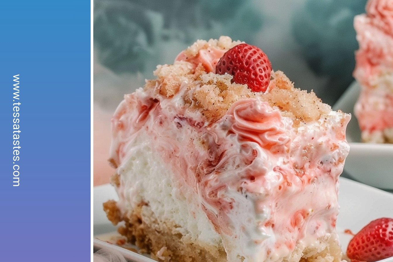 Strawberry Crunch Poke Cake: Creamy, dreamy, irresistible perfection.