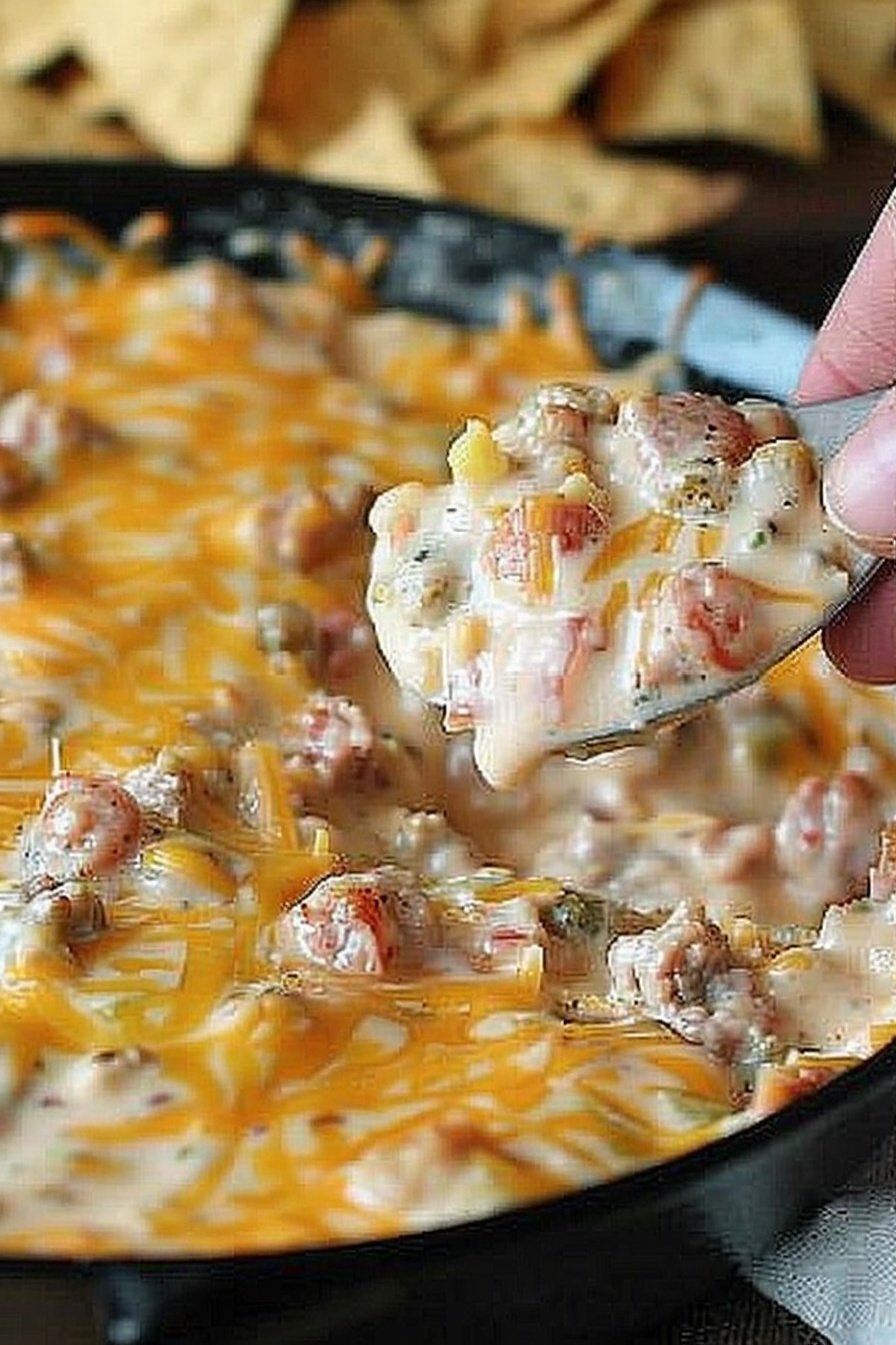 Creamy Sausage Party Dip: Irresistibly cheesy, savory bliss.