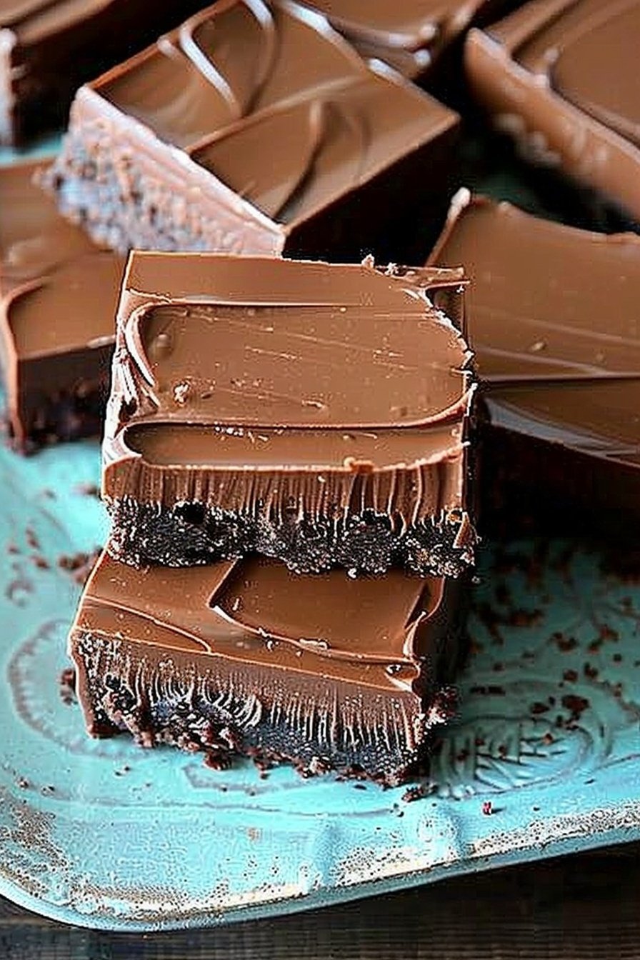 Frosted Chocolate Squares: Rich, fudgy layers crowned.