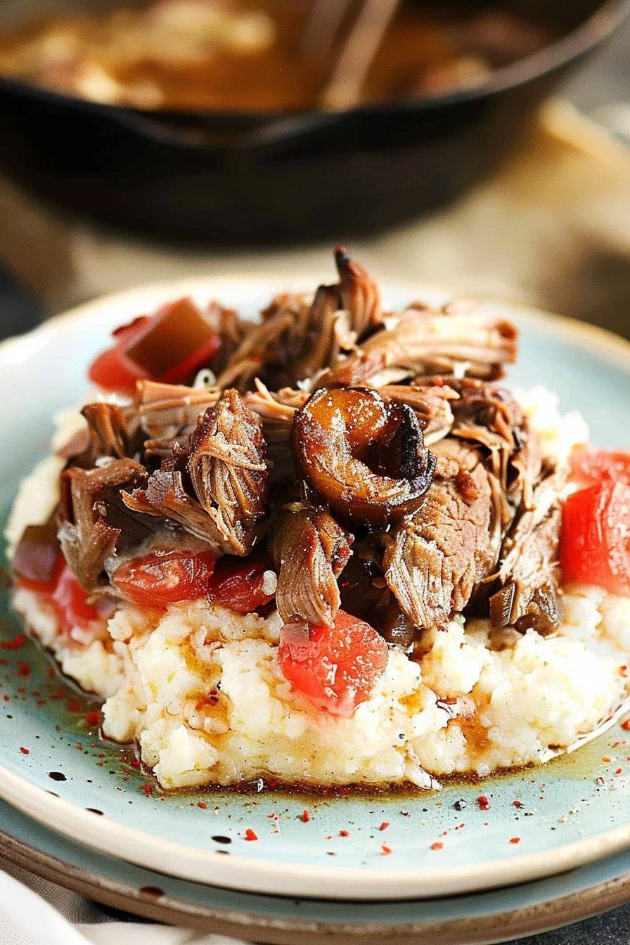 Roasted Comfort on Grits: Savory warmth meets creamy bliss.