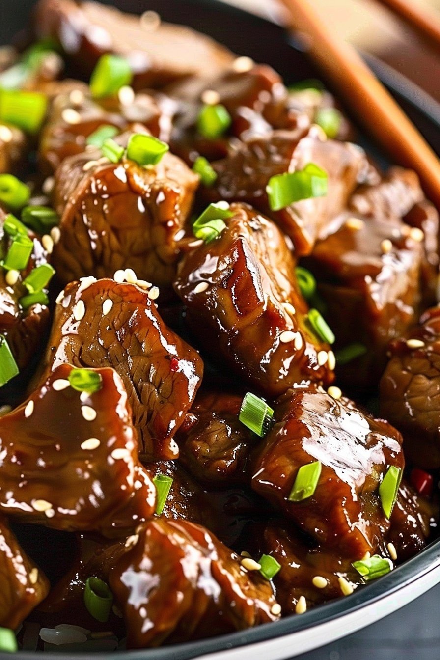 Savory Glazed Beef: Tender, sweet, and sticky.
