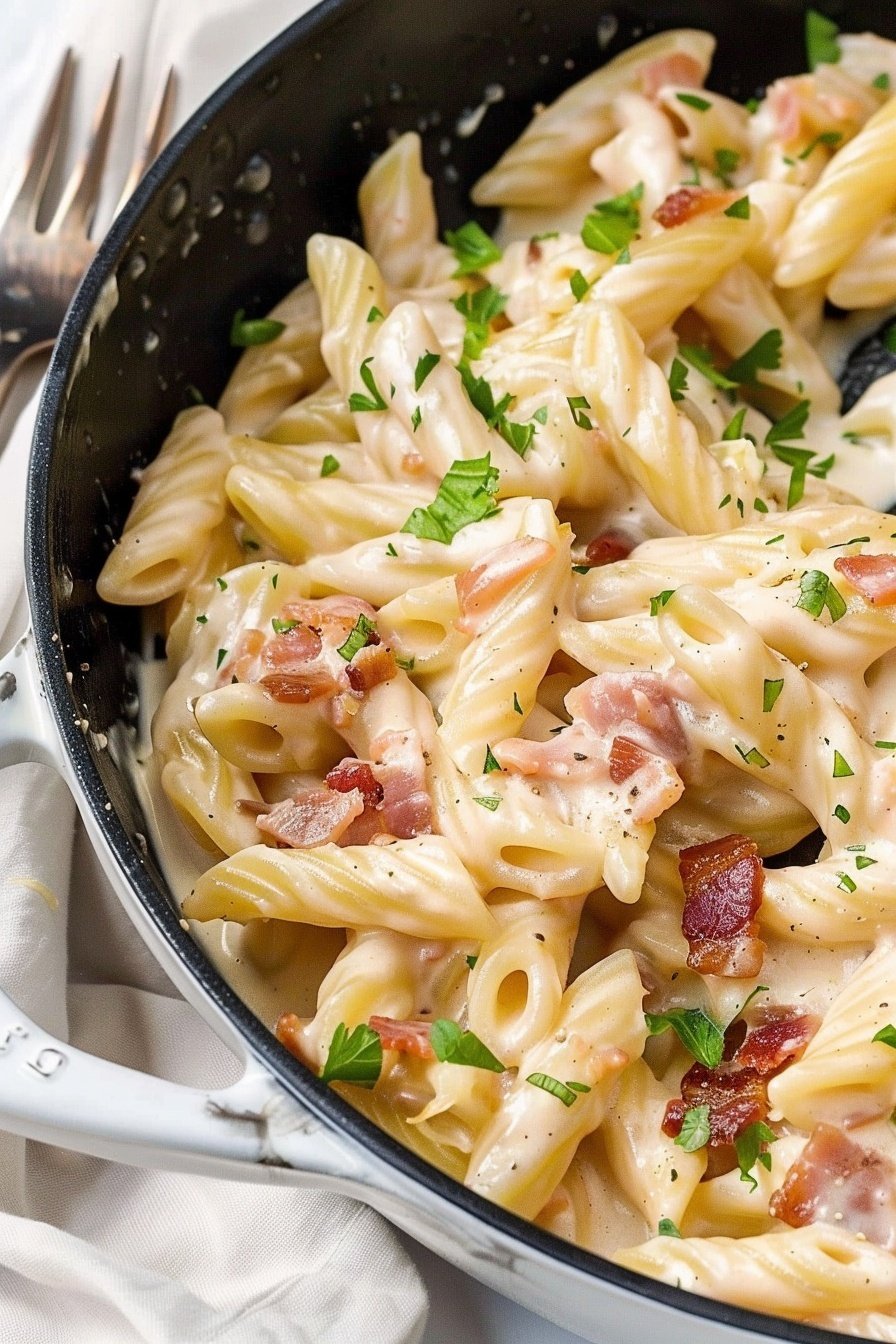Creamy Pancetta Fusilli: Silky, savory pasta perfection.