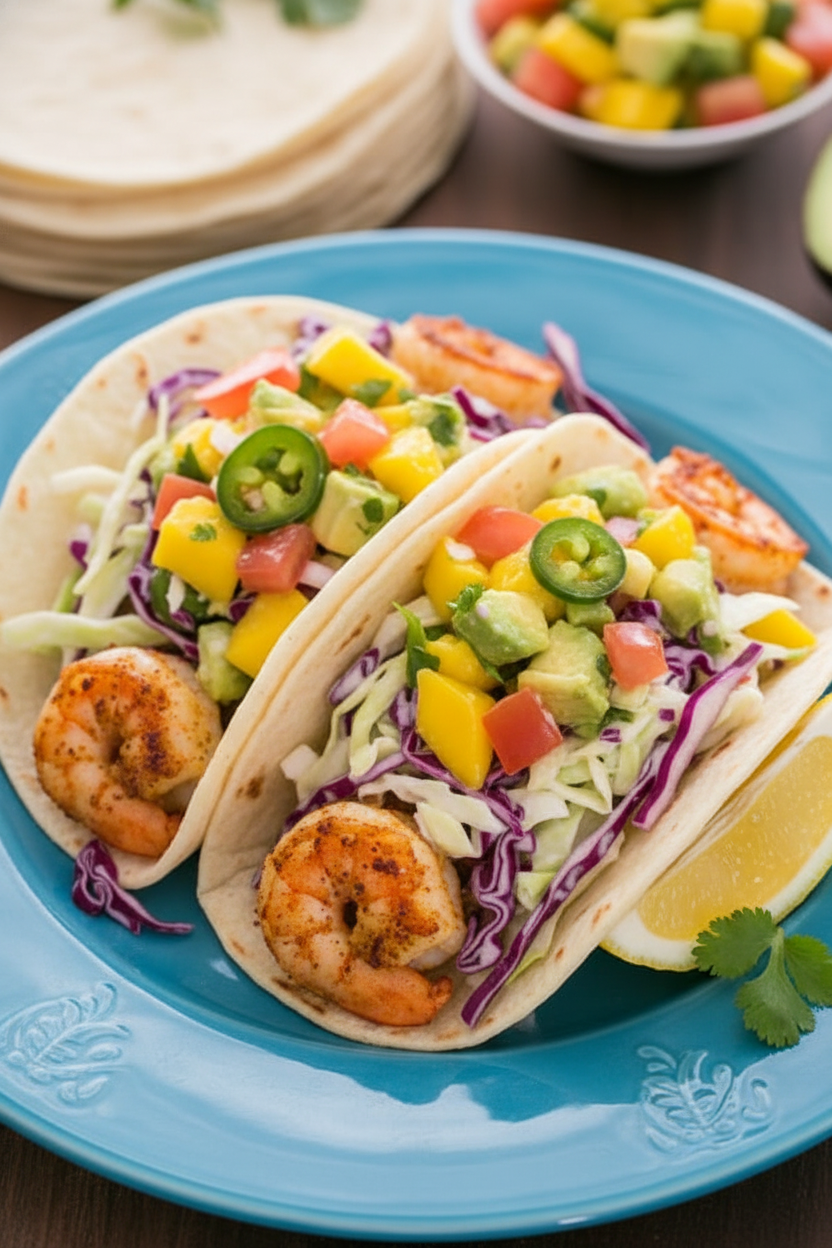 Shrimp Tacos with Coconut Coleslaw and Mango Salsa