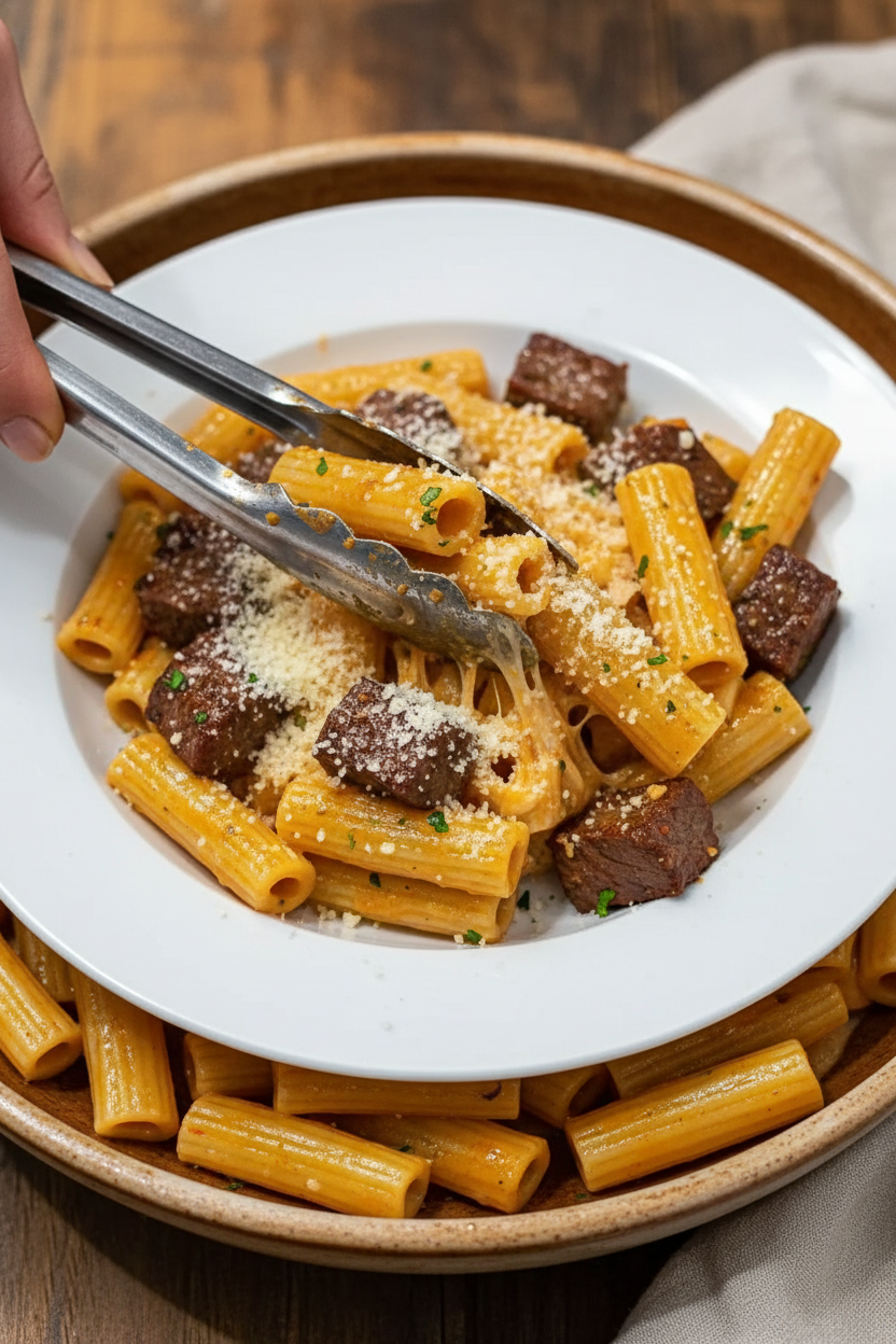 Cajun Steak Tips in Cheesy Rigatoni Parmesan Sauce