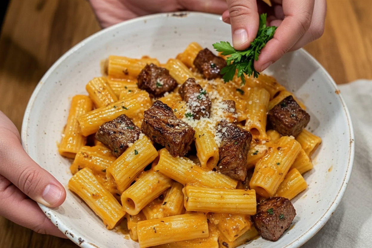 Cajun Steak Tips with Cheesy Rigatoni Parmesan