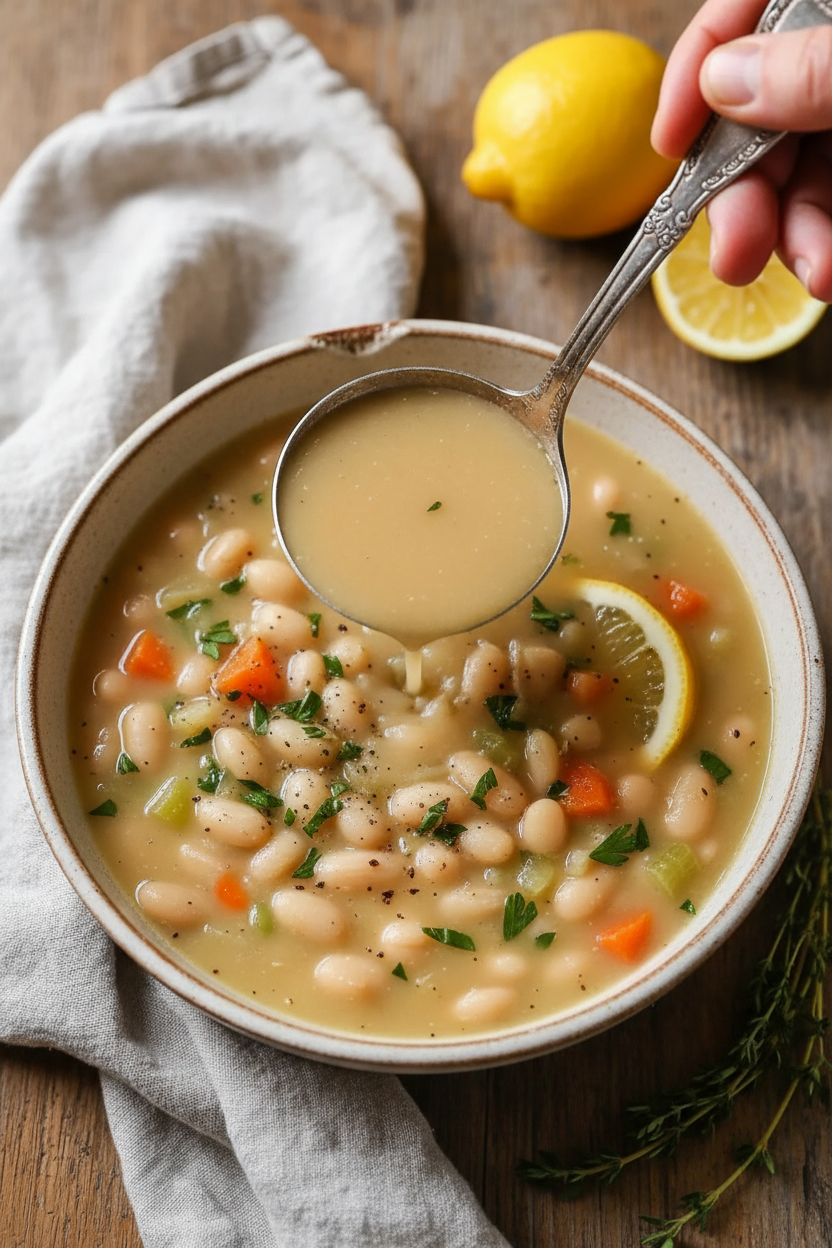 Greek White Bean Soup With Garlic & Lemon