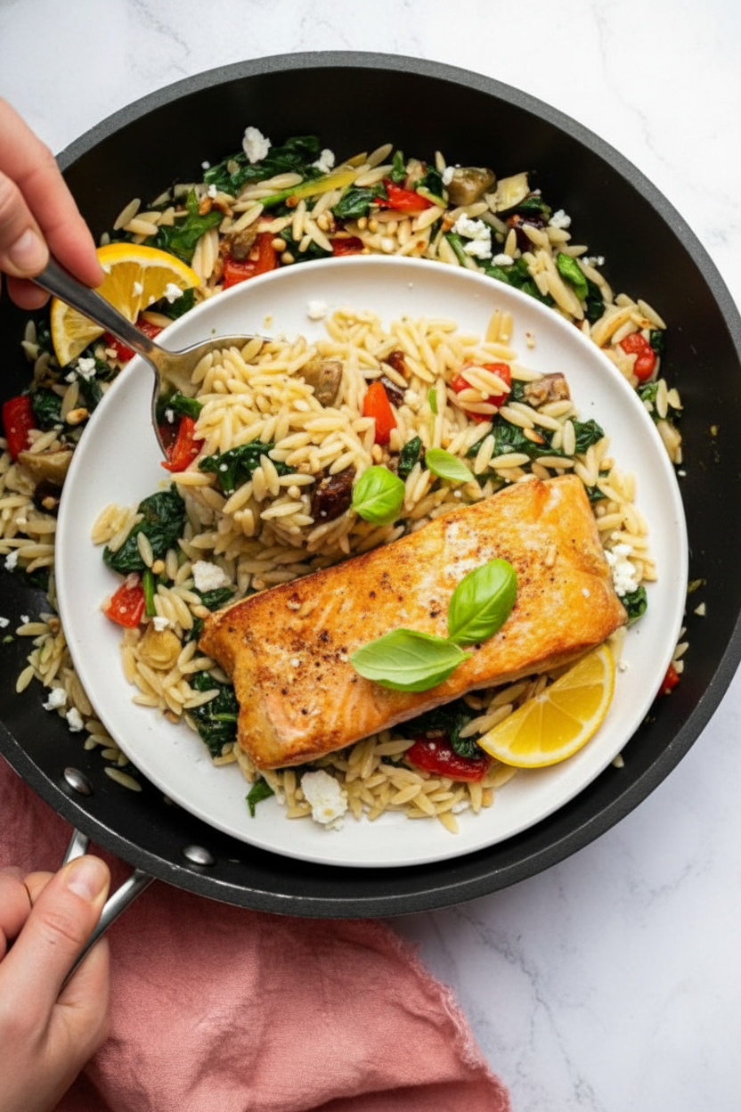 Mediterranean Salmon and Orzo Skillet