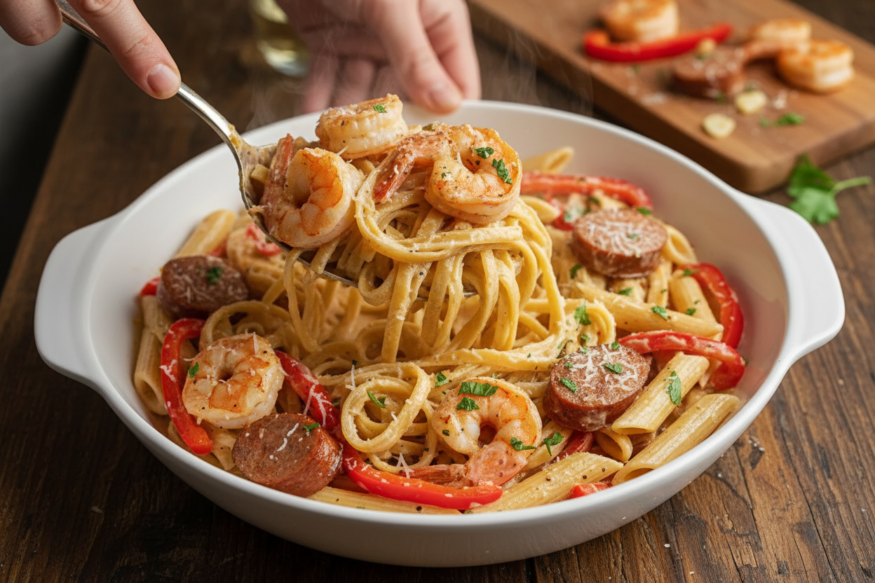 Cajun Sausage Shrimp Alfredo Pasta Recipe