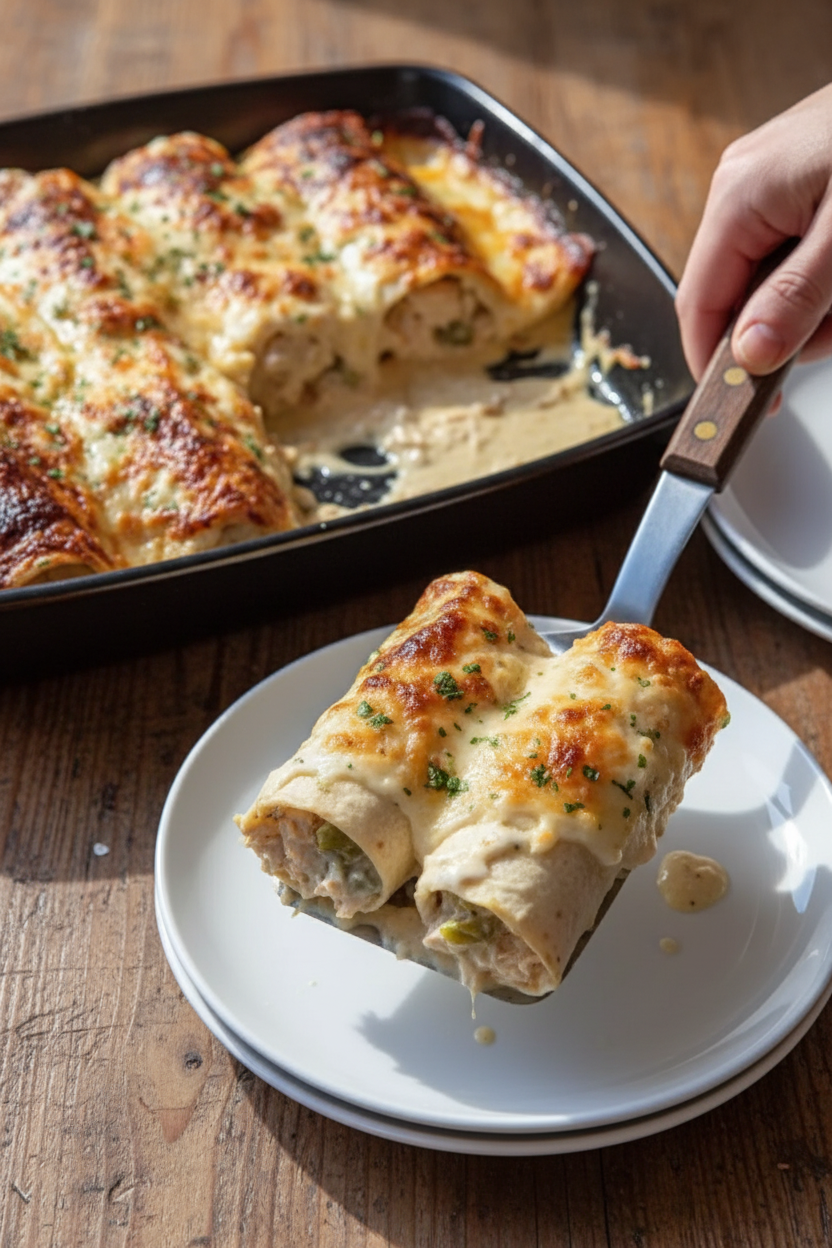 Creamy White Chicken Enchiladas Recipe – Easy Dinner for Large Families