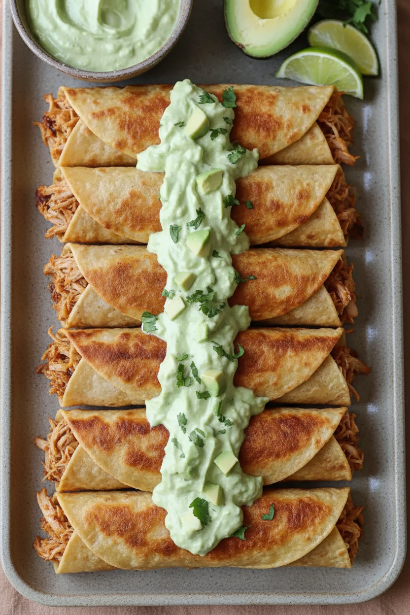 Crispy Chicken Flautas Recipe with Easy Creamy Avocado Crema Sauce
