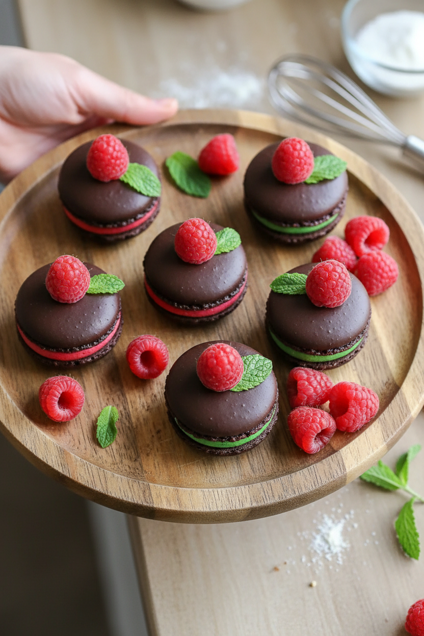 Dark Chocolate Raspberry Macarons