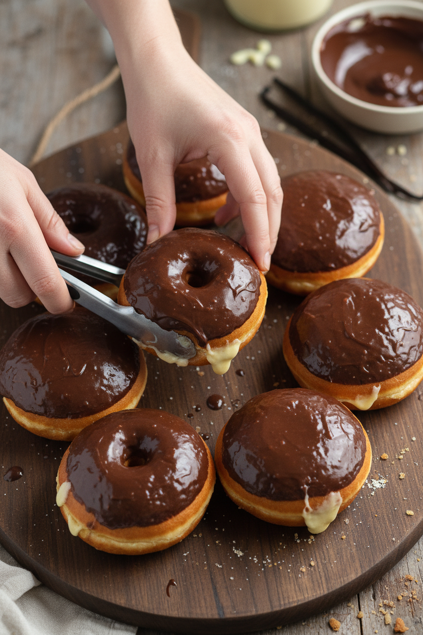 Homemade Boston Cream Doughnuts with Pastry Cream and Chocolate Glaze