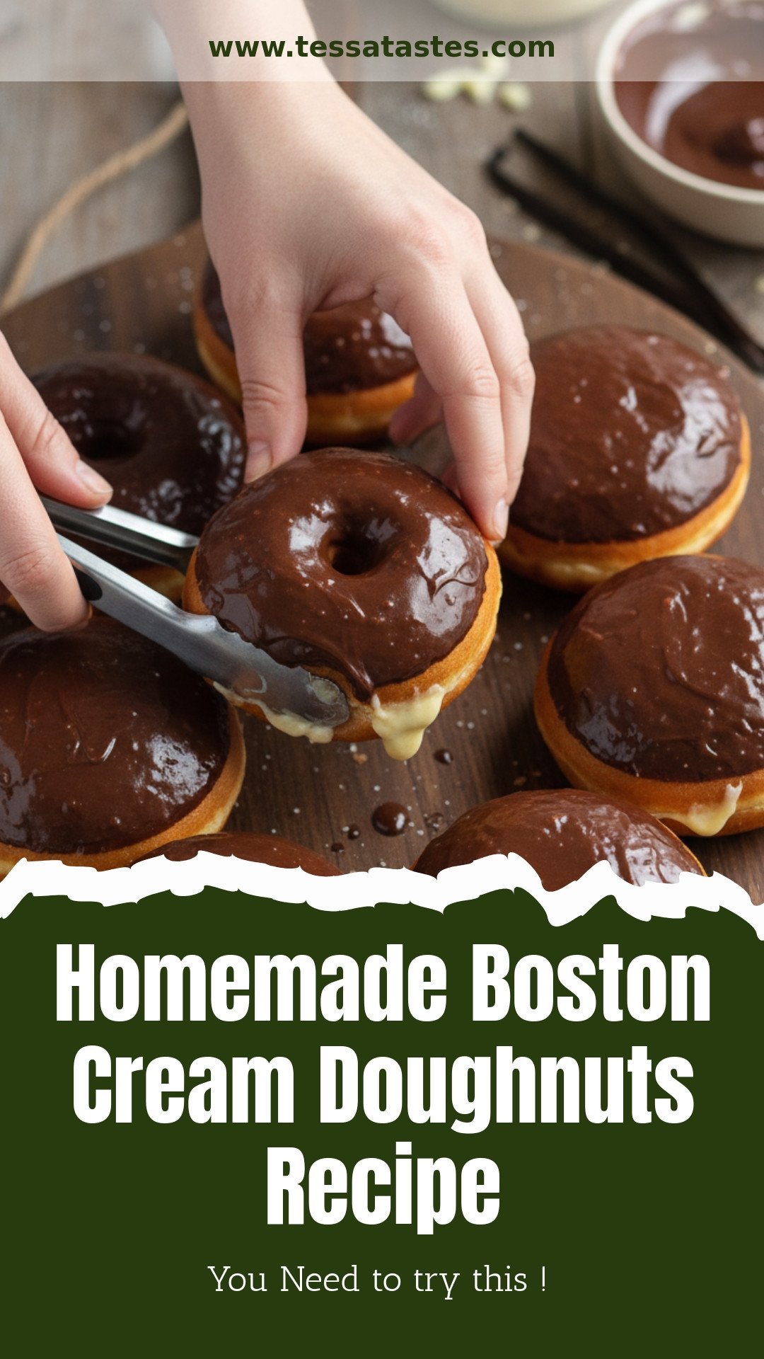 Homemade Boston Cream Doughnuts with Pastry Cream and Chocolate Glaze