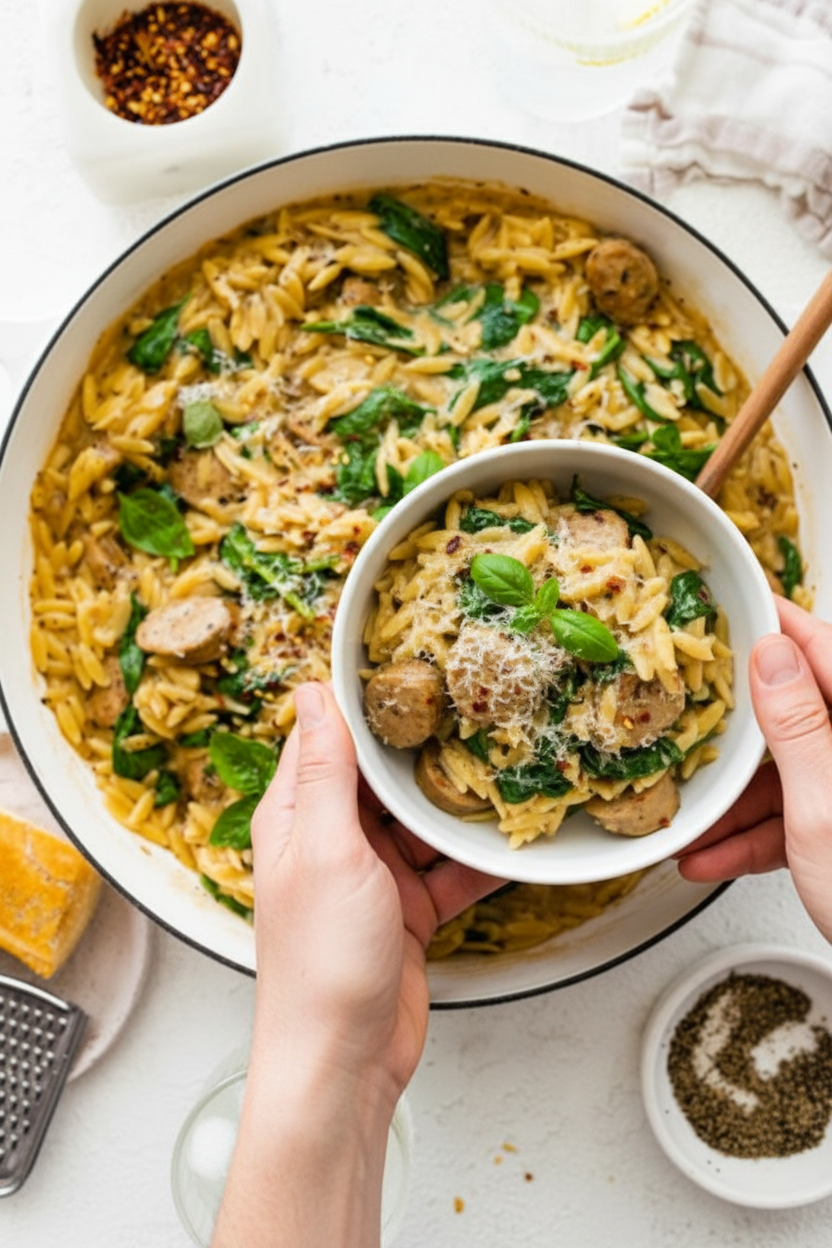 One Pan Chicken Sausage and Orzo