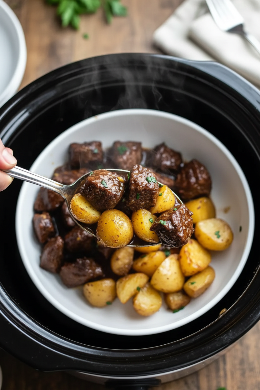 Slow Cooker Garlic Butter Beef Bites with Potatoes