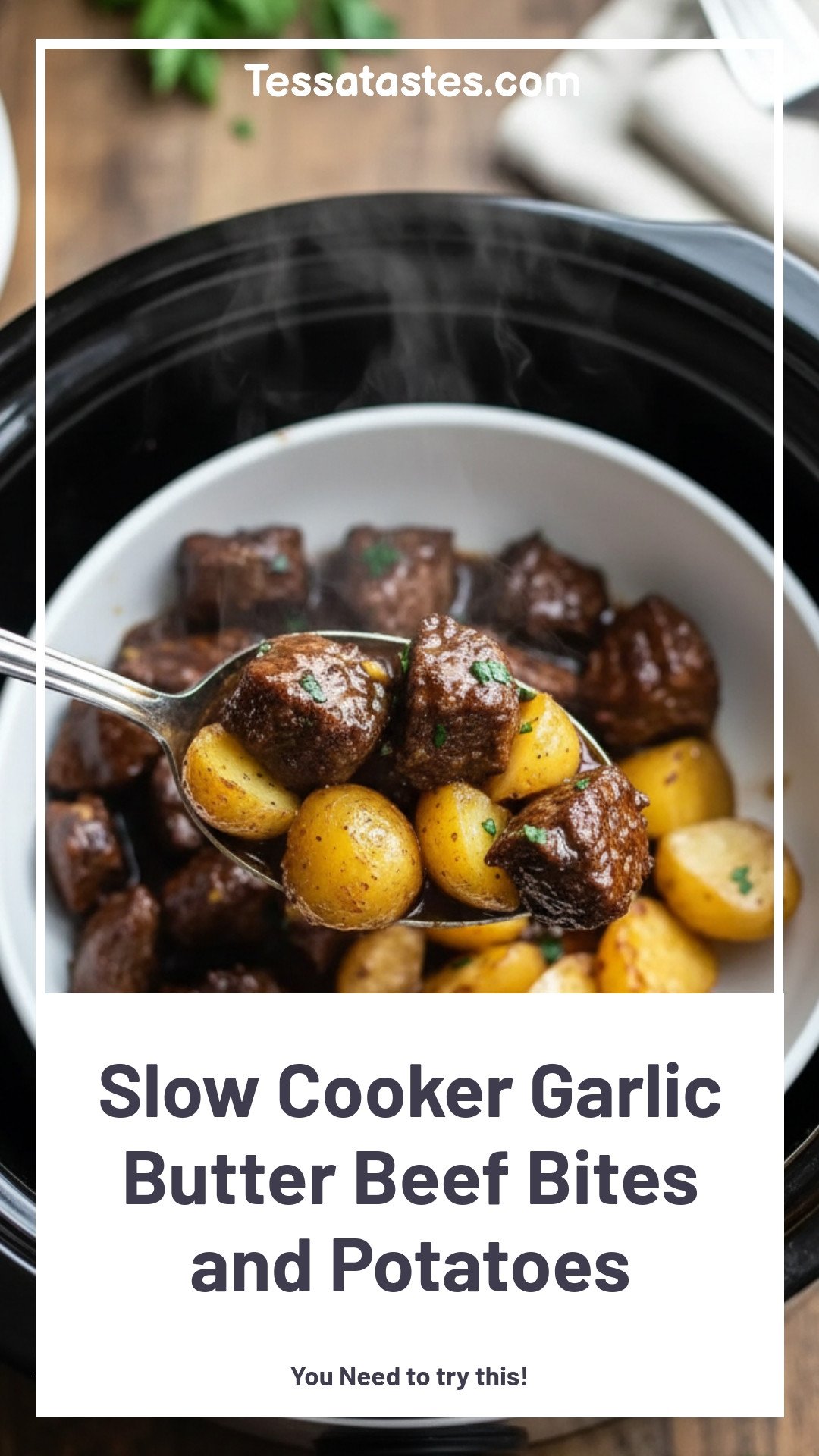 Slow Cooker Garlic Butter Beef Bites with Potatoes