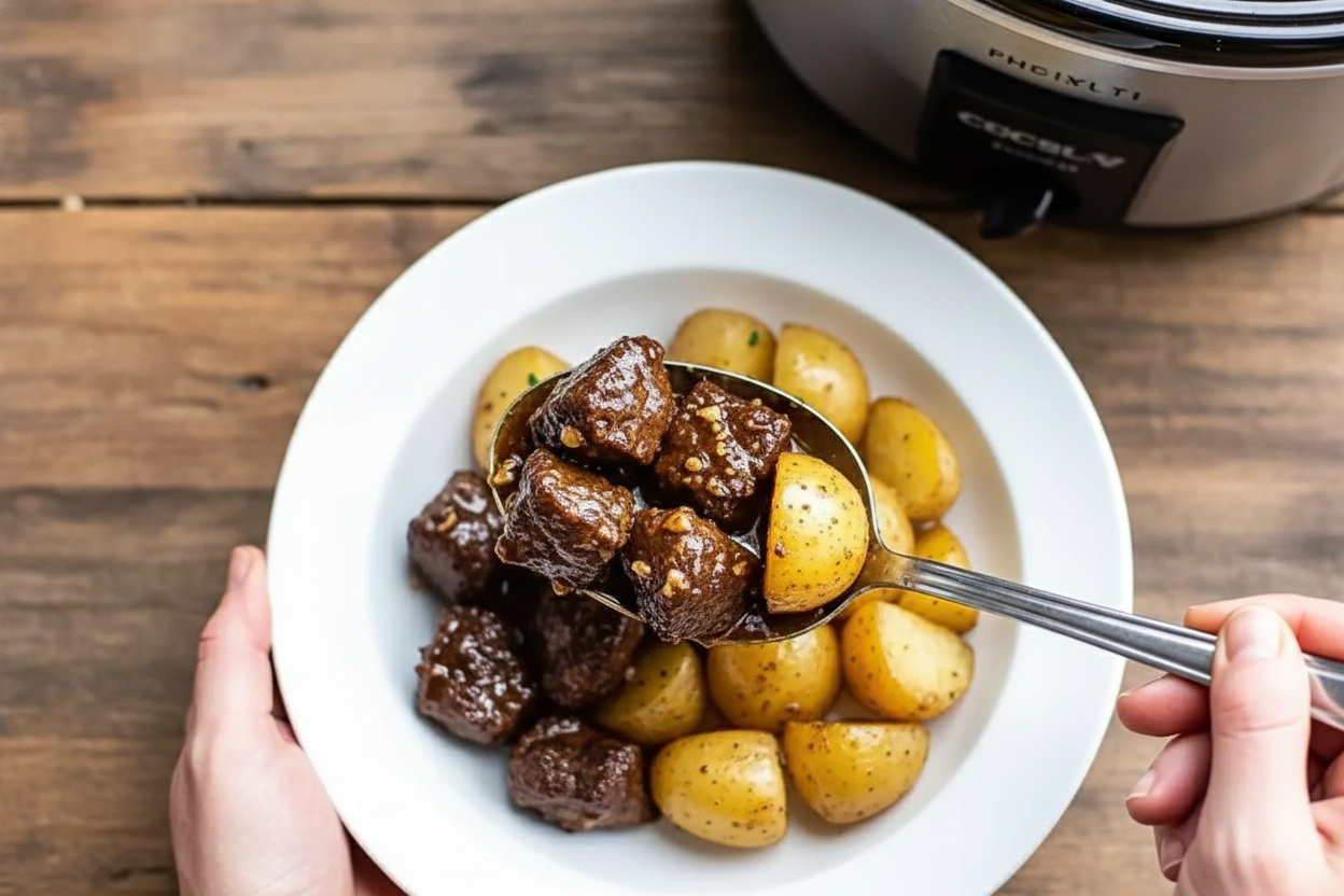 Slow Cooker Garlic Butter Beef Bites and Potatoes